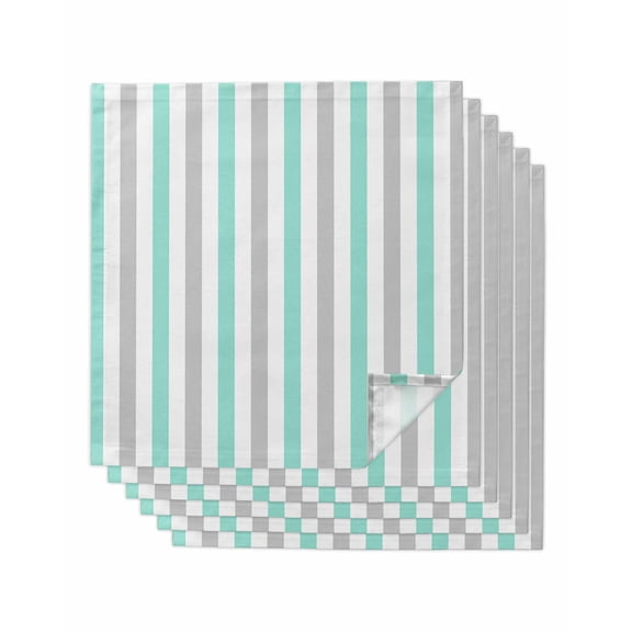 Aqua Stripe Cloth Napkins Set of 6 Reusable Dinner Napkins, Geometric Grey White Vertical Striped Cocktail Napkin Washable Table Napkins for Wedding/Holiday Party/Baby Shower 20"x20"