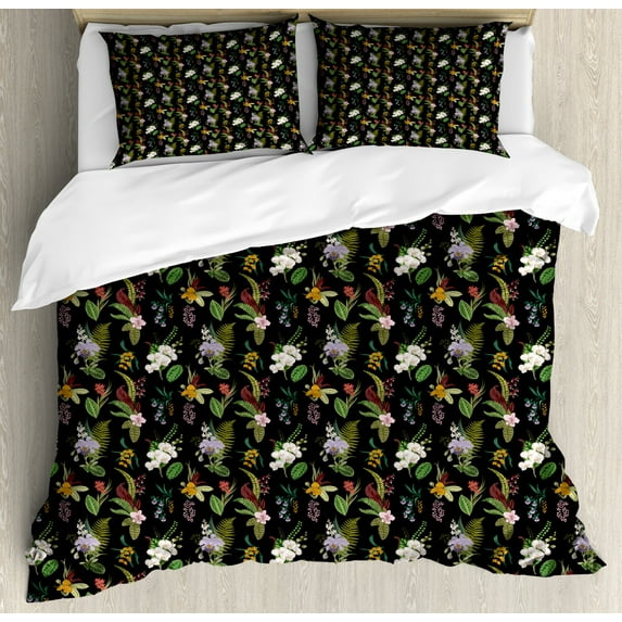 Flower Duvet Cover Set King Size, Exotic Nature Composition Botanical Elements Fern Leaves and Flowers Vivid Colors, Decorative 3 Piece Bedding Set with 2 Pillow Shams, Multicolor, by Ambesonne