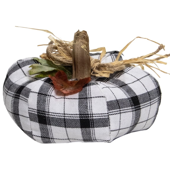 14" Black and White Fabric Fall Harvest Tabletop Pumpkin