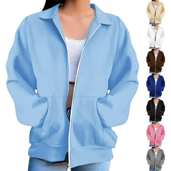 FRSASU Tops for Women Zip up Hoodless Sweatshirt Ladies Solid Color Long Sleeve Casual Loose Lightweight Jacket White