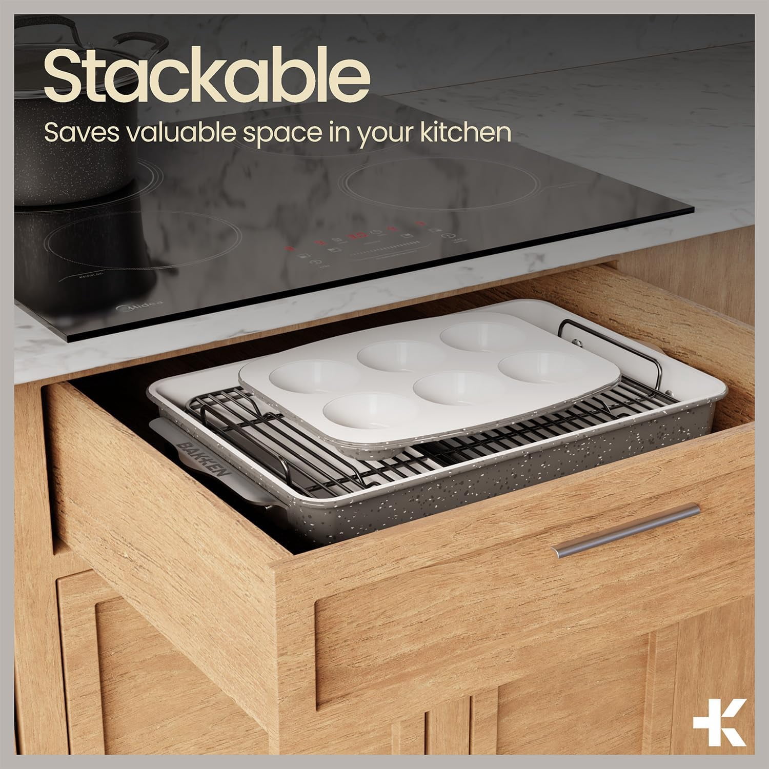 8-Piece Stackable Bakeware Set - Aluminized Steel with Ceramic Non-Stick Coating, Healthy Baking, Ergonomic Handles, Cooling Rack, Non-Toxic, Oven-Safe, Durable Quality