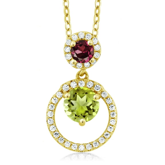 Gem Stone King 18K Yellow Gold Plated Silver Green Peridot and Red Rhodolite Garnet Pendant Necklace for Women (1.97 Cttw, Gemstone August Birthstone, Round 6MM and 4MM)