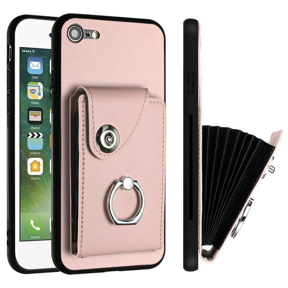 Compatible for iPhone SE 2022 & 2020 Case with Card Holder, for iPhone 7 / iPhone 8 Wallet Case for Women Men with Rotation Finger Ring Stand, Accordion Style PU Leather Shockproof Case, Pink