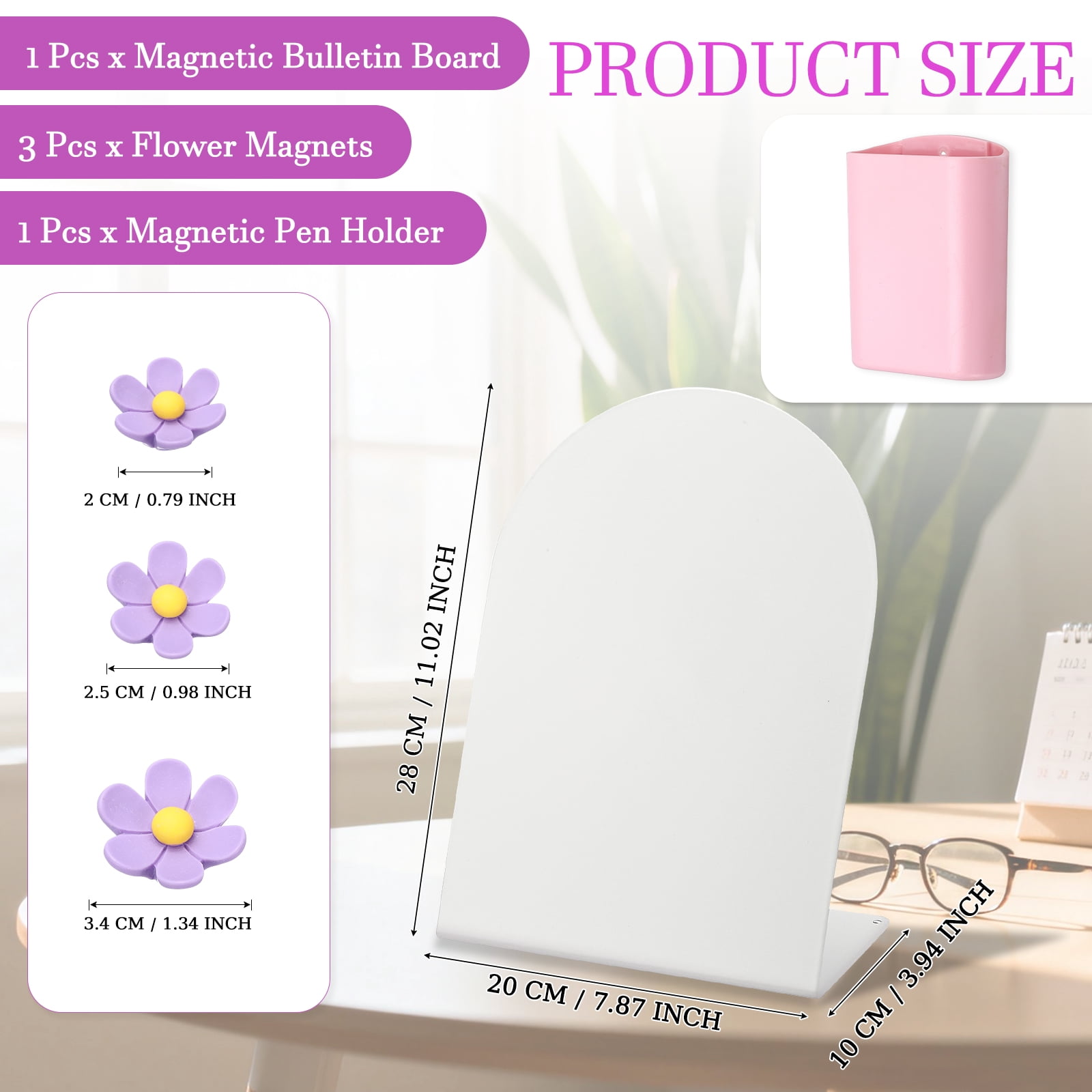 Uxcell Magnetic Bulletin Board, Memo Magnet Display Stand Board with 3 Flower Magnets & Pen Holder for Home Office, White/Purple/Pink