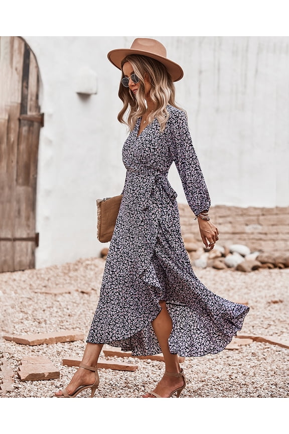 Floral Print Surplice Neck Bishop Sleeve Wrap Style Midi Dress