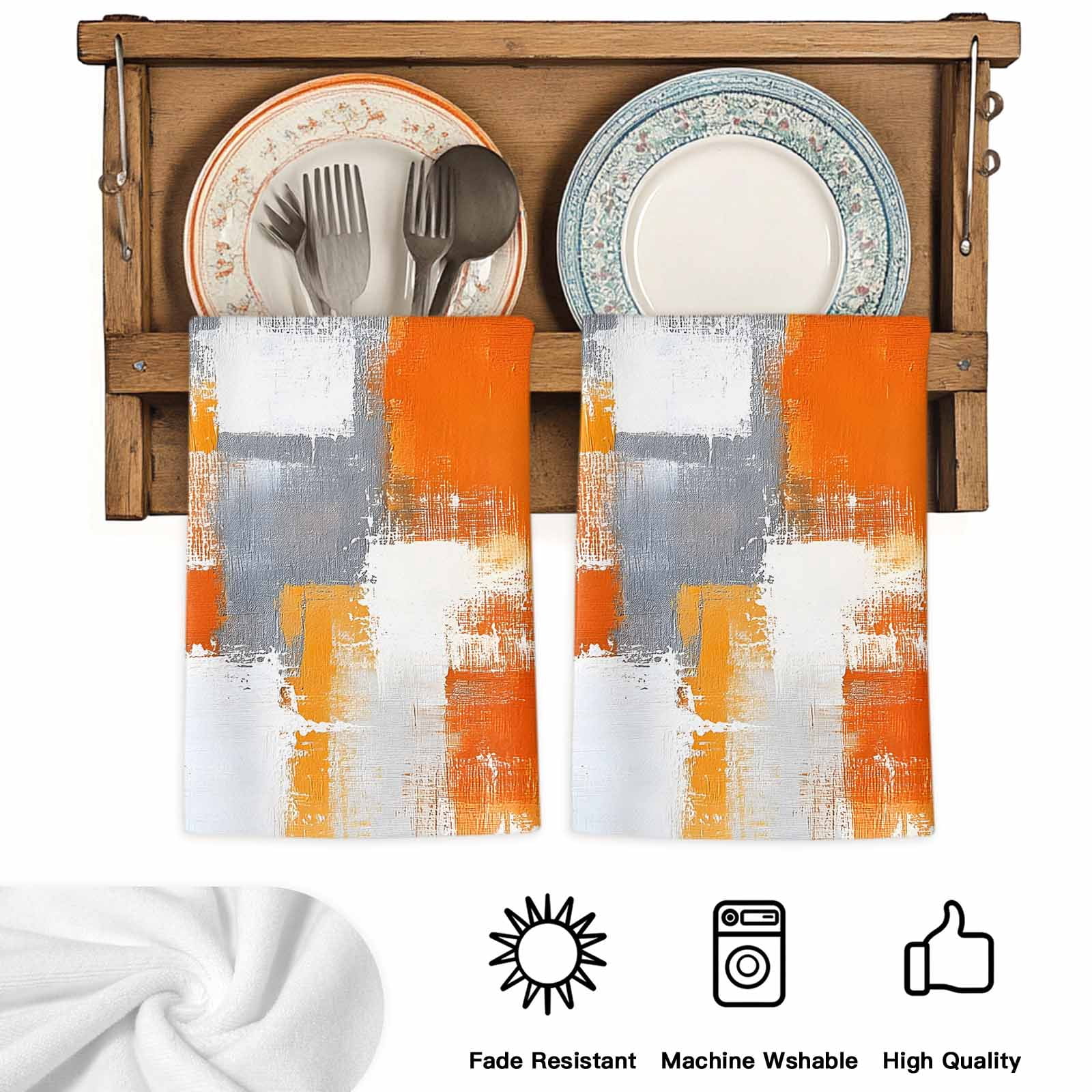 Burnt Orange Grey Kitchen Towels Set of 2, Modern Oil Painted Geometric Abstract Absorbent Dish Towels for Kitchen, Microfiber Hand Towel, Quick Drying Tea Towel for Cleaning Decorative Dishcloths
