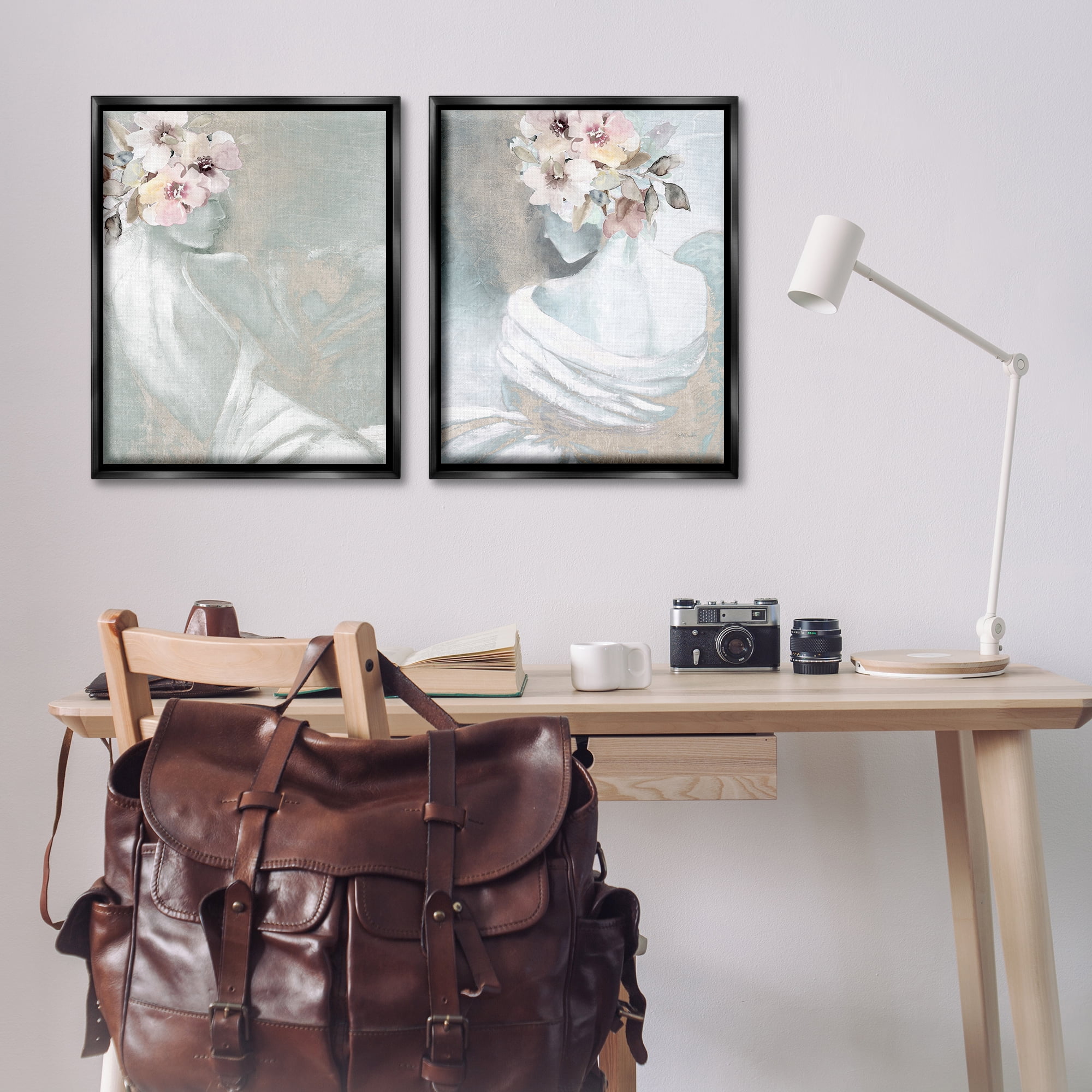Stupell Industries Female Figure Floral Pose People Painting Black Floater Framed Canvas Art Print Wall Art, 31 x 25, Set of 2