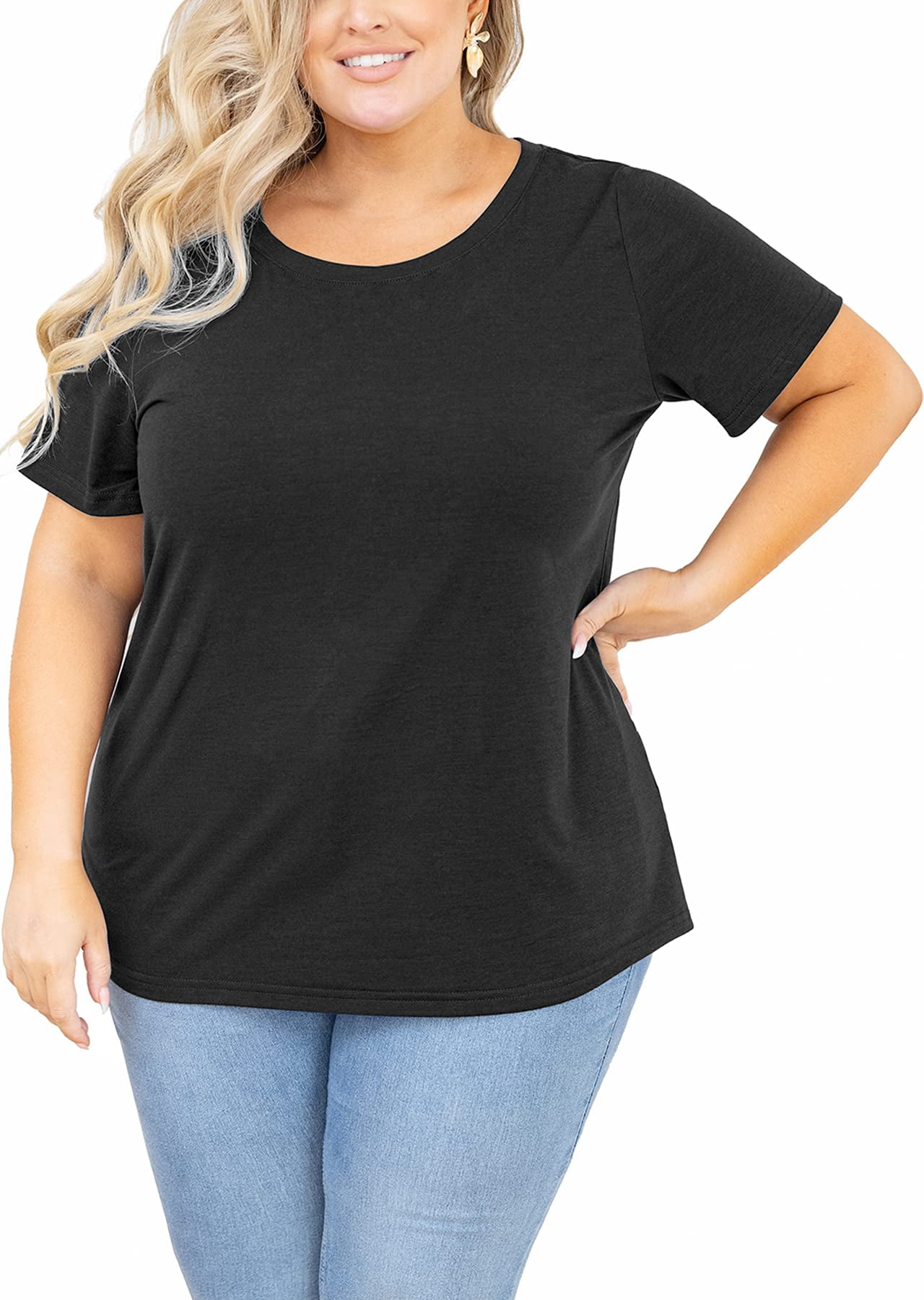 SHOWMALL Plus Size Shirts for Women Black 2X Crewneck Short Sleeve Tunic Clothing Blouse Flowy