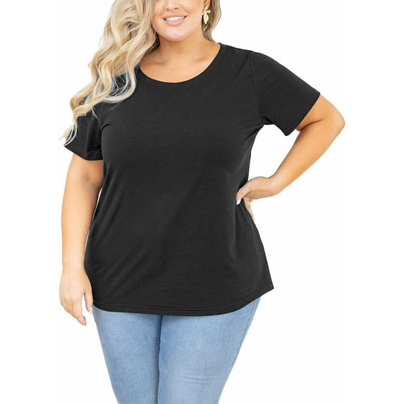 SHOWMALL Plus Size Shirts for Women Black 1X Crewneck Short Sleeve Tunic Clothing Blouse Flowy Summer Tops Loose Tees Maternity Clothes
