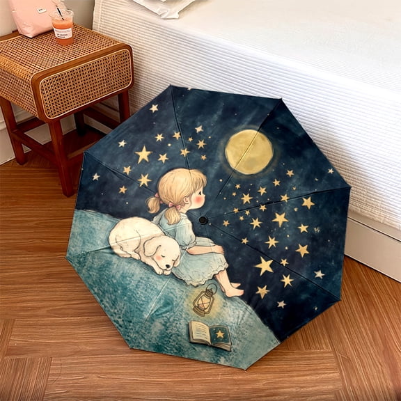 Minimalist Cartoon Starry Sky Print Automatic Folding Umbrella, Portable 8-Rib Windproof Rain Umbrella for Outdoor, Travel, and Daily Use