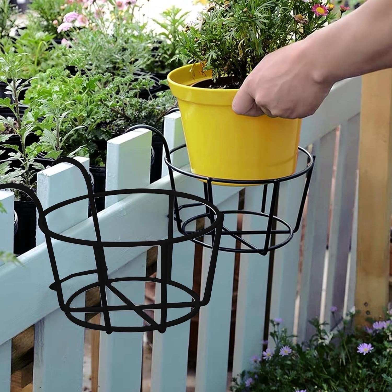 Bexikou 4 Pcs Hanging Railing Planters Basket,Metal Planter Flower Pot Holder,Iron Rack Fence Shelf Plant Holder with Hook for Balcony, Garden, Indoor and Outdoor (Black)