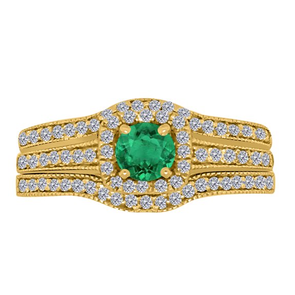 Mauli Jewels Engagement Rings for Women 1.55 Carat Natural Round Shape Emerald And Diamond Trio Ring Set Prong-Setting 10K Yellow Gold