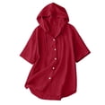 thumbnail image 5 of Women's Casual Short Sleeve Collar Hoodie Blouse, Solid Color Imitation Linen Top, 5 of 6