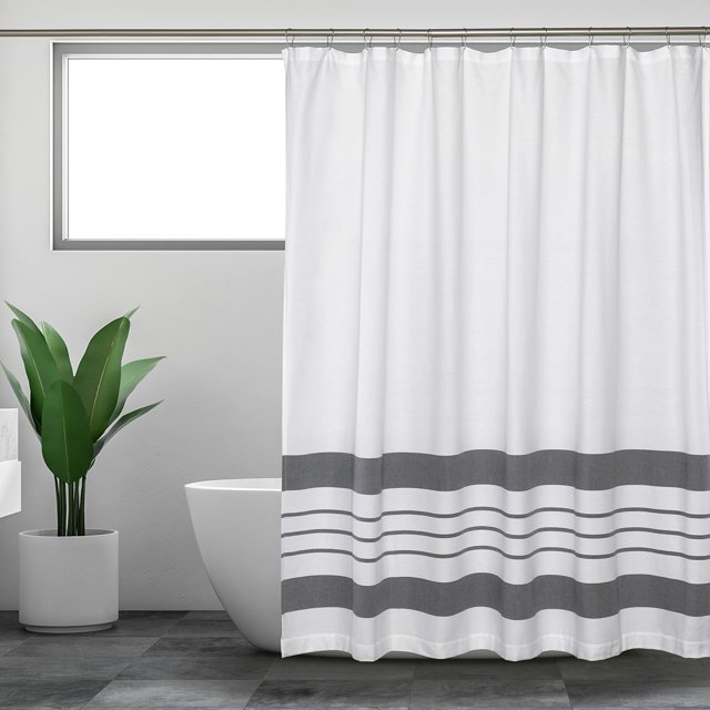 Cortina de ducha blanca para baño, cortinas de ducha de tela, 72x72 in, granja, boho, tejido a rayas blancas y grises