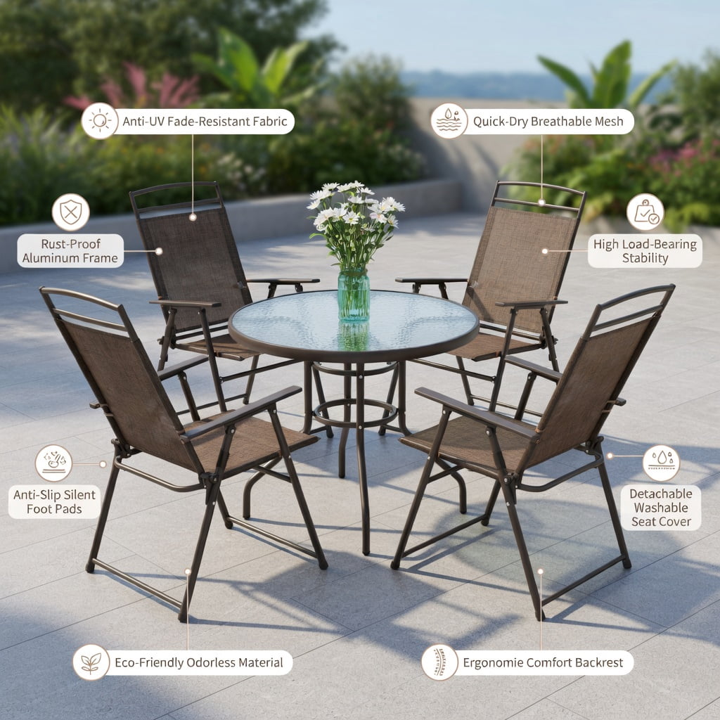 Hommoo 4-Pack Folding Patio Chairs, Steel Frame Sling Chairs with Weather-Resistant Fabric, Compact Lightweight Design for Backyard, Poolside, Balcony & Camping, Brown