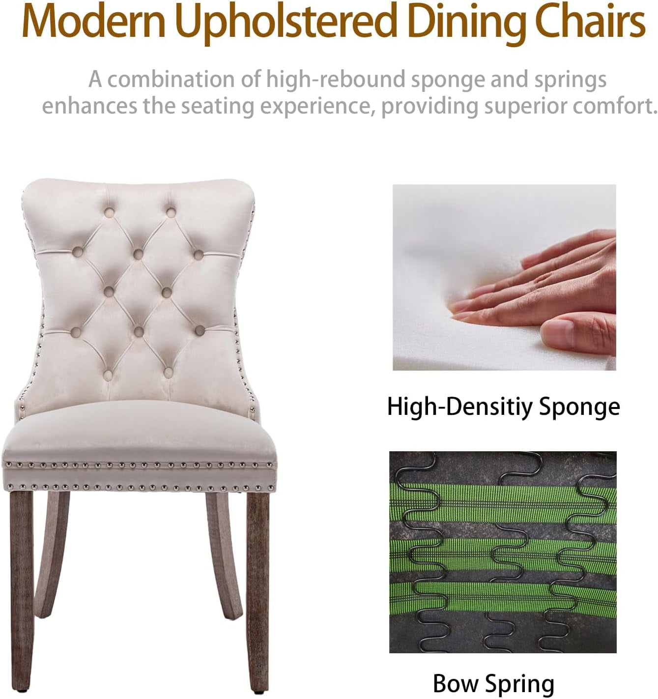 MOONMISS Dining Chairs 2-Pcs Set, High-end Velvet Upholstered Accent Chairs Button Tufted Dining Chairs with Back Ring Pull and Nailhead Trim,Beige
