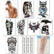 Temporary Tattoos For Men Guys Boys & Teens - Fake Half Arm Tattoos Sleeves For Arms Shoulders Chest Back Legs Wolf Owl Sanskrit Ram Skull Crow Cyborg Realistic Waterproof Transfers 8 Sheets 8x6"