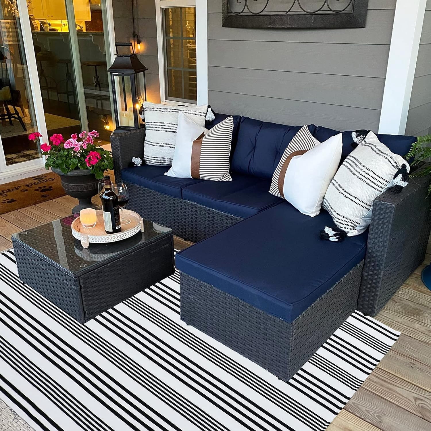 Black and White Striped Outdoor Rug 4' X 6' Front Porch Rug Cotton Hand-Woven Welcome Mats Layered Door Mats for Front Porch/Entryway/Laundry Room/Bedroom/Outdoor