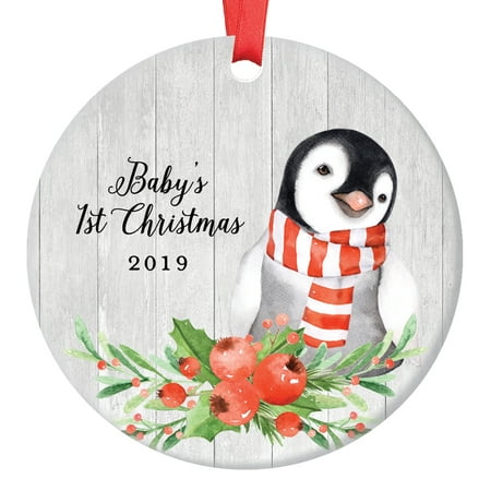 Baby Penguin Baby's First Christmas Ornament 2019, 1st Babies Xmas Present for New Girl Boy Son Daughter Mommy Daddy Parents Ceramic Porcelain Keepsake 3