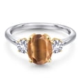 thumbnail image 3 of Gem Stone King 925 Silver and 10K Yellow Gold Brown Tiger Eye and White Created Sapphire Engagement Ring for Women | 2.00 Cttw | Oval 9X7MM | Gemstone Birthstone | Size 5, 3 of 6