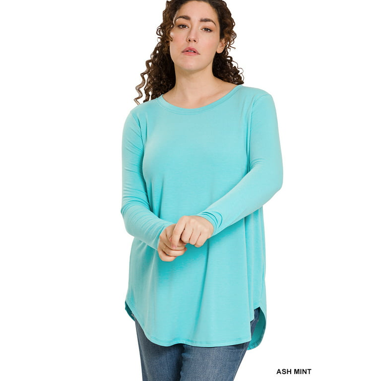 Zenana Plus Relaxed Fit Long Sleeve Round Neck & Hem Jersey Tee Shirt –