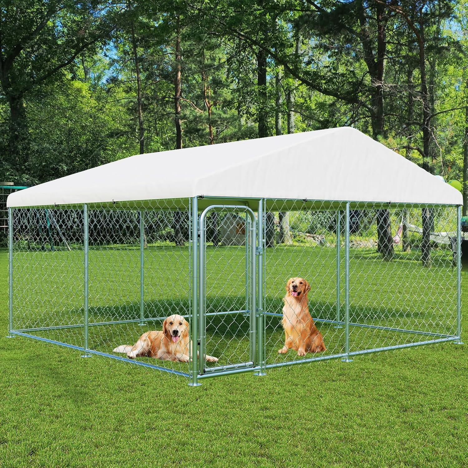 SELOOYE Outdoor Large Dog Kennel 10 x 10 FT, Heavy Duty Dog Enclosure with UV & Rain-Proof Fully Covered Roof, Rustproof Metal Mesh, Double Security Locks