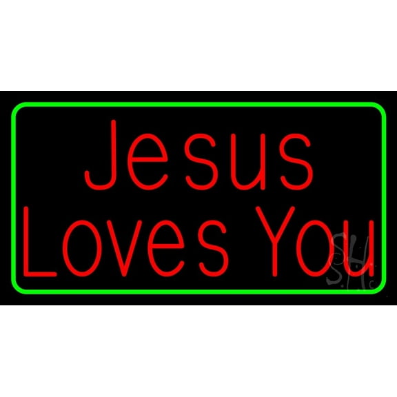 Jesus Loves You Green Border LED Neon Sign 13" Tall x 24" Wide - inches Black Square Cut Acrylic Backing, with Dimmer - Premium built indoor Sign for Home décor, Religious place, Store interior.