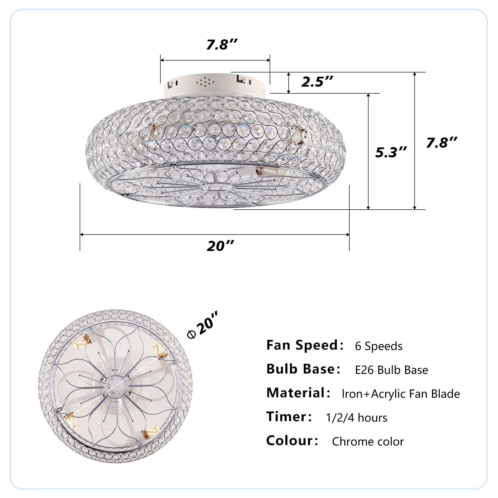 Leumius 20" Crystal Ceiling Fans with Light and Remote Control, Chandelier Fan 6 Speed DC Motor Reversible Ceiling Fan for Living Room Bedroom (NOT Included Bulbs)