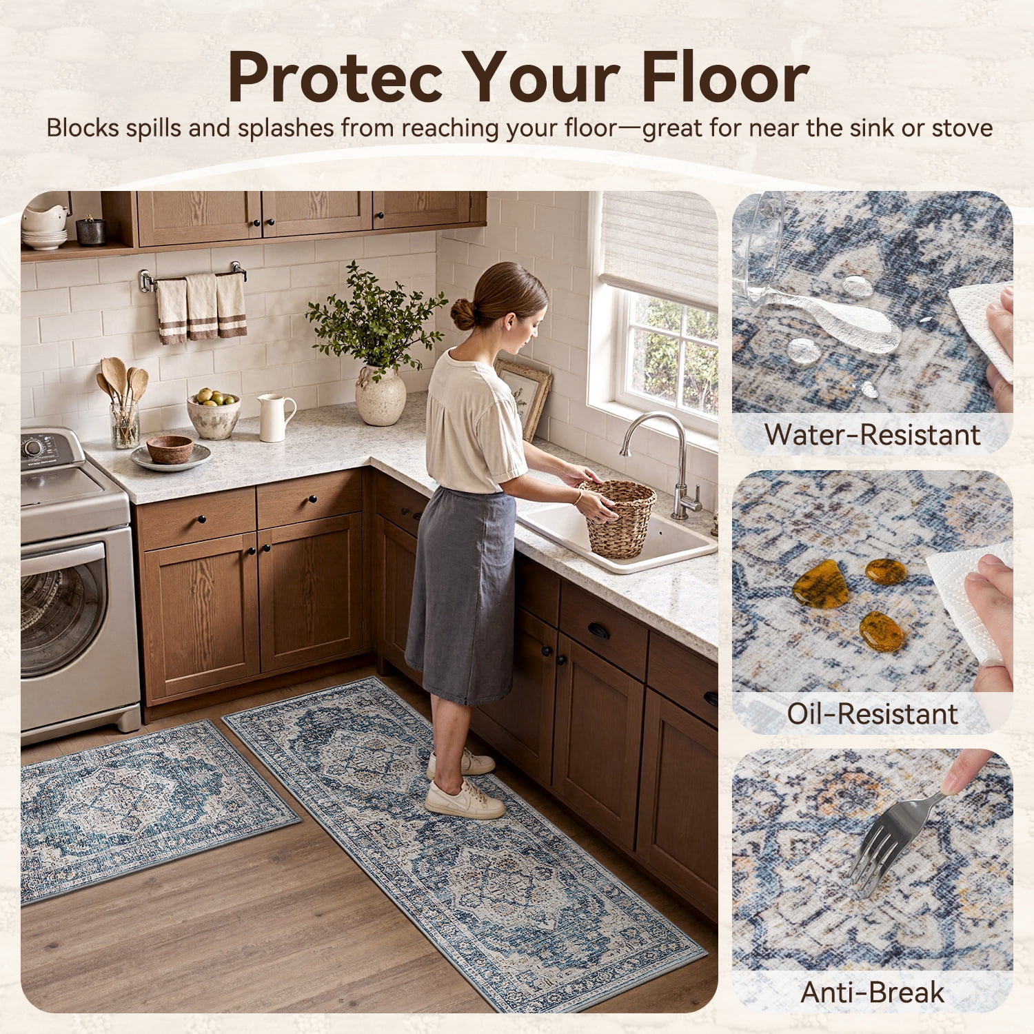SIXHOME 3-Piece Kitchen Rugs and Runner Set Washable Vintage Kitchen Mat Non-Slip Low-Profile Rugs for Kitchen Sink Laundry Bedside 20"x32"+20"x48"+20"x59" Blue
