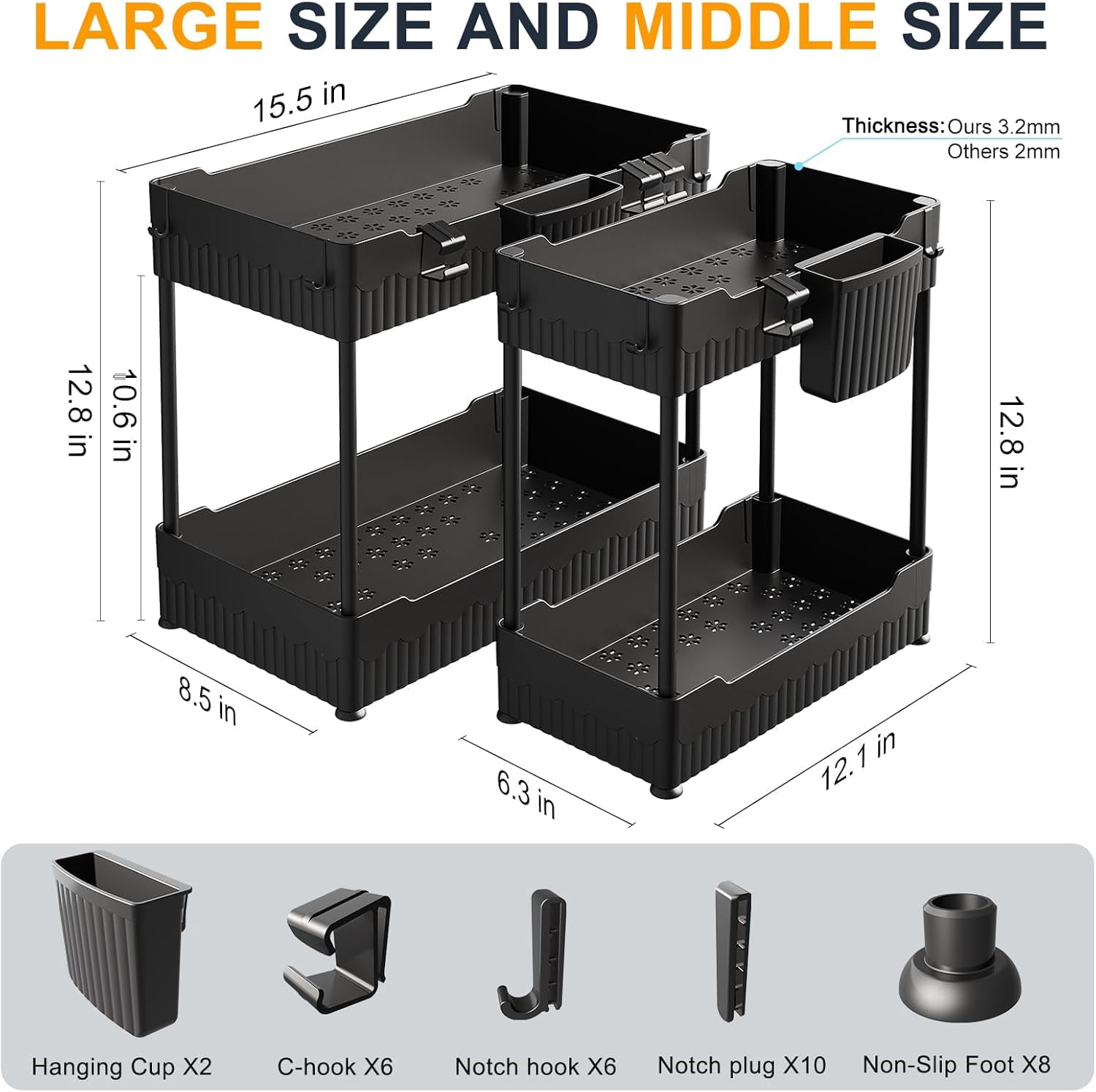 RGHJAR-2 Pack Under Sink Organizer, Under Bathroom Cabinet Organizer with Hooks Hanging Cup, Multi-Purpose Storage Shelf for Kitchen Bathroom, Black
