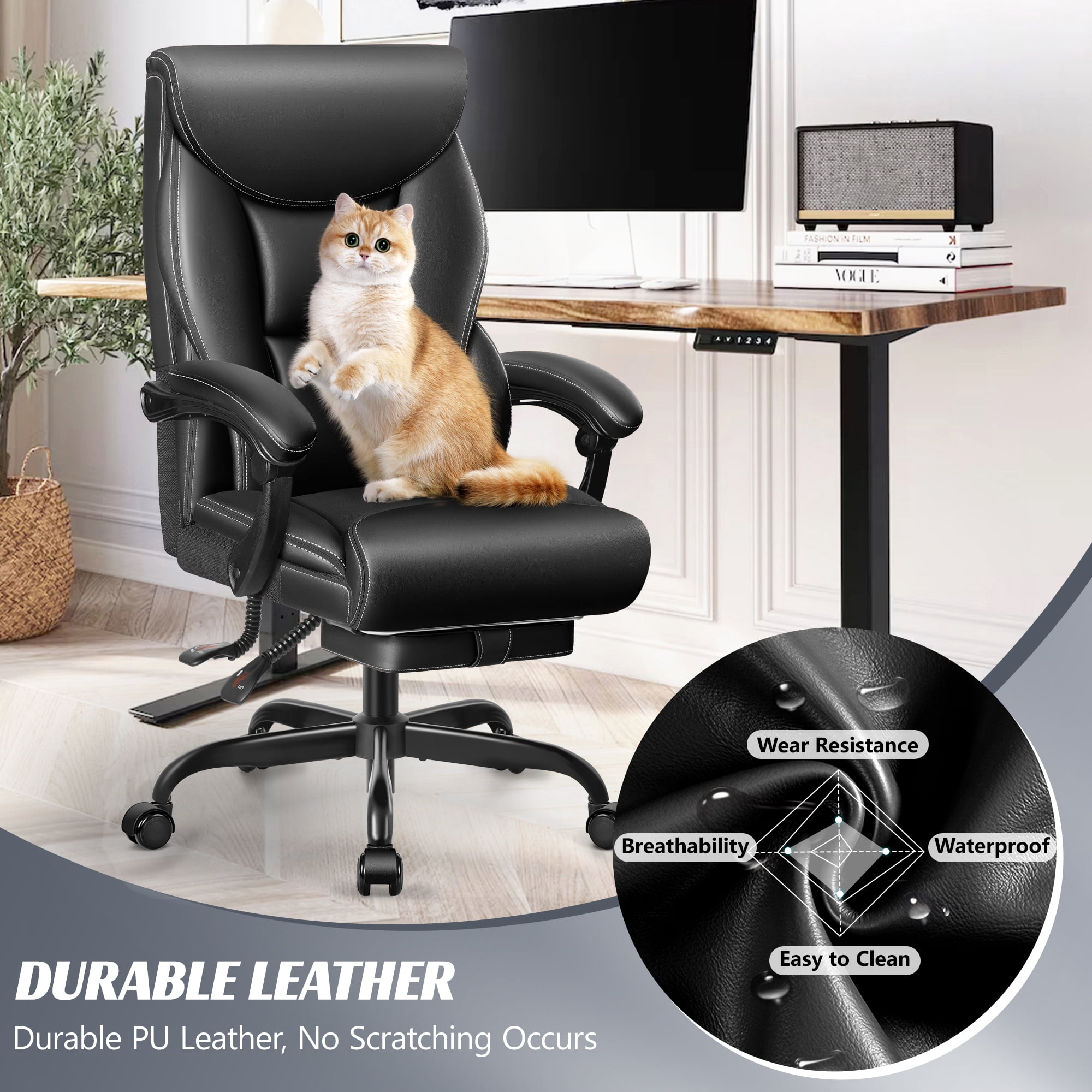 ATHOPE Leather Office Chair 400Lbs, Executive Office Chair with Footrest High Back Support, Big and Tall Ergonomic Desk Chair, Adjustment Computer Chair 360°Swivel Free, Black