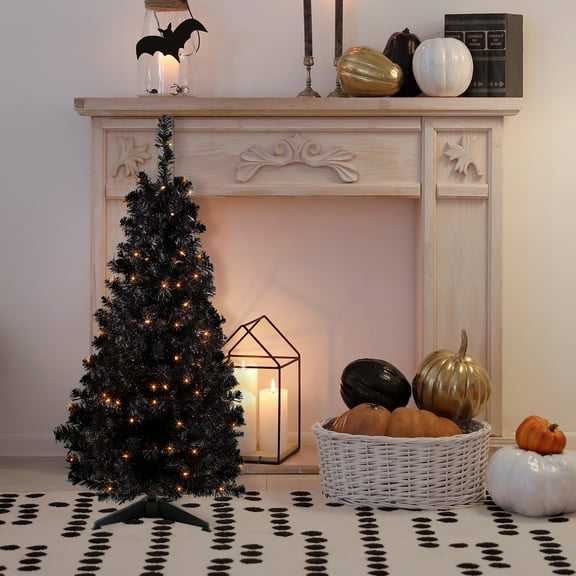 Northlight Pre-Lit Slim Artificial Tinsel Halloween Tree - 4' - Black - Clear Lights