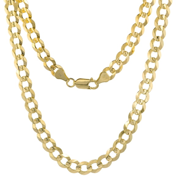 Yellow 14k Gold 7.5mm Curb Link Chain Necklace for Men and Women Concaved Center Beveled Edges 24 inch