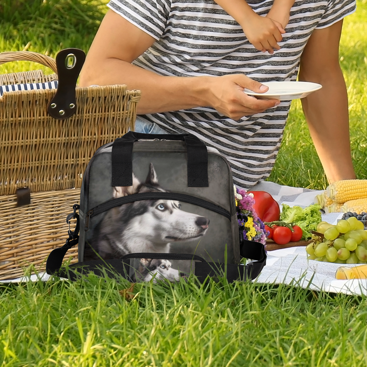 Herdesigns Cool Husky Dog Insulated Lunch Bag for Women Men Adults Large Reusable Lunch Box Leakproof Portable Cooler Tote Bags with Adjustable Shoulder Strap