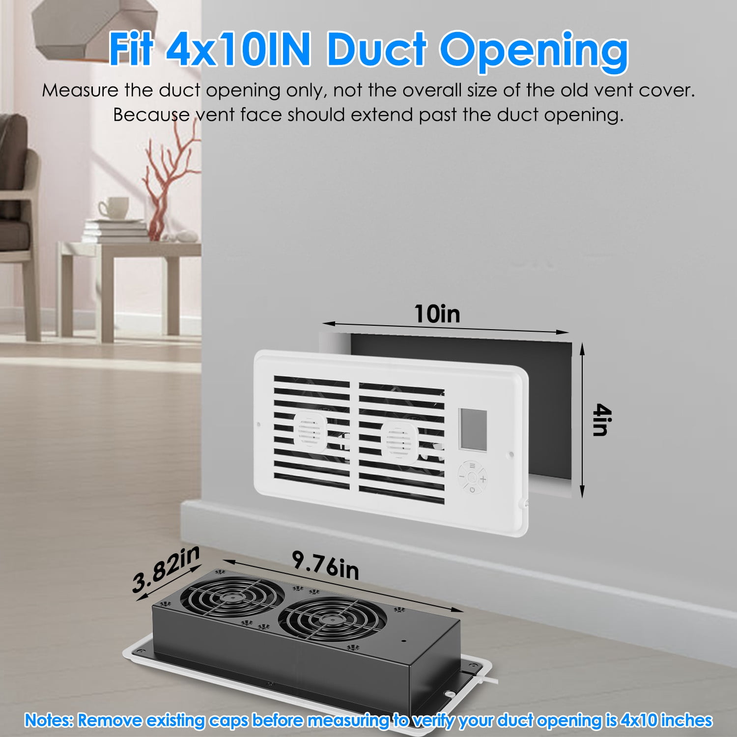 Moclever Register Booster Fan for Wall Ceiling Floor, Smart AC Vent Booster Fan Fits 4"x10" Register Holes with 3 Modes 10 Speeds 2H/4H Timer LCD Screen, White