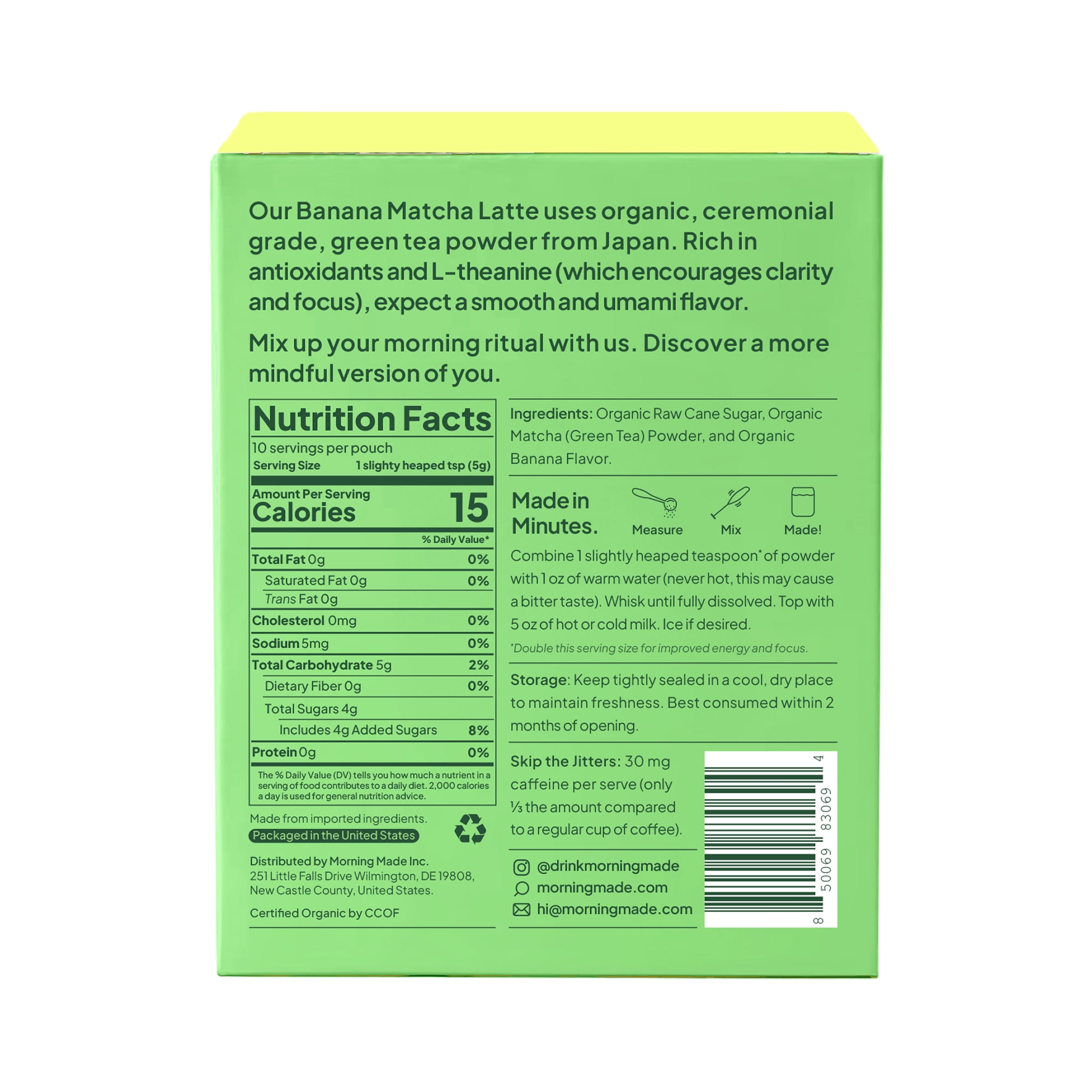 Morning Made Ceremonial Grade Organic Matcha Latte Powder, Banana, 10 Servings
