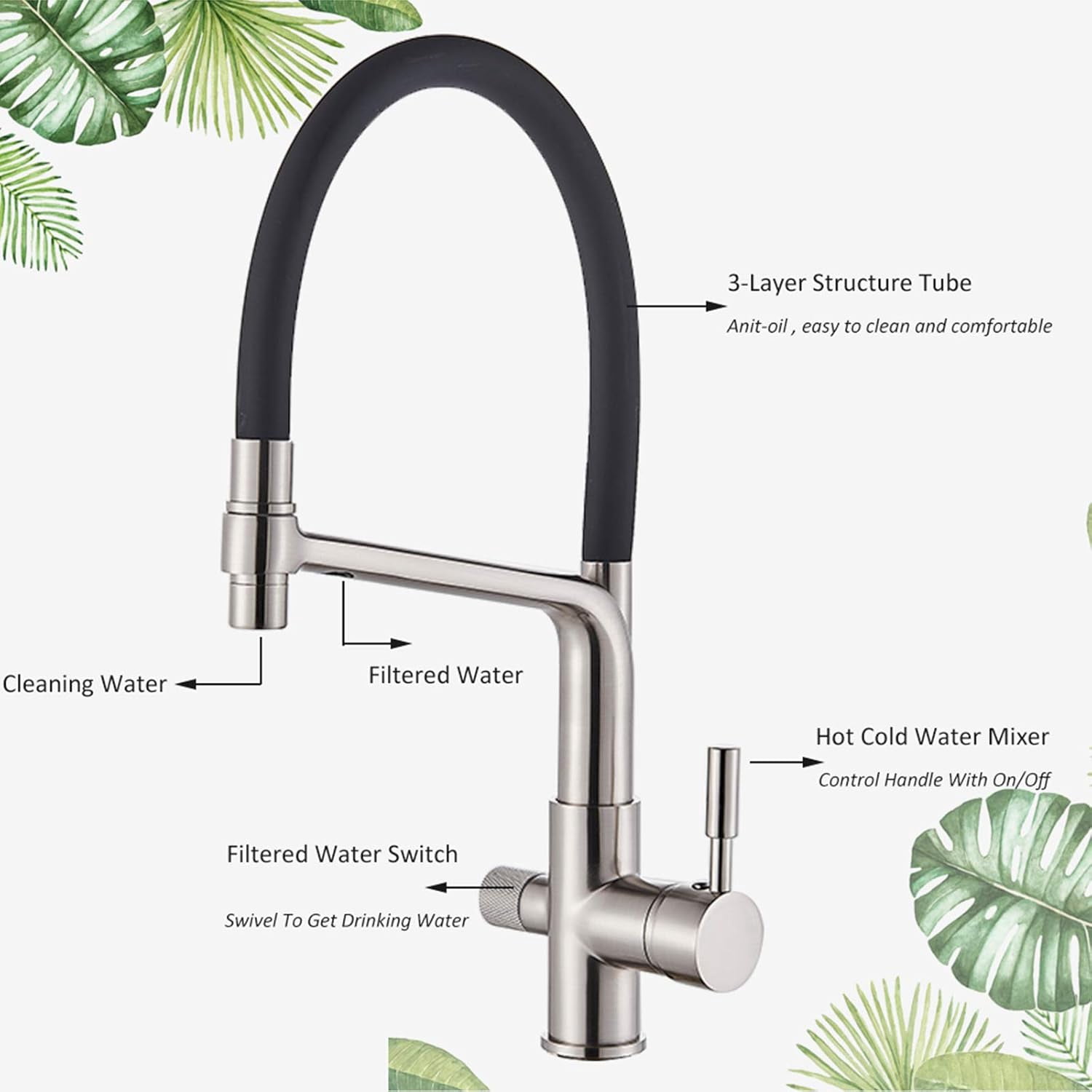Kitchen Faucet, Pull Down Pure Water Kitchen Mixer Tap, Purification Filter Water Crane for Kitchen Mixer, Nickel