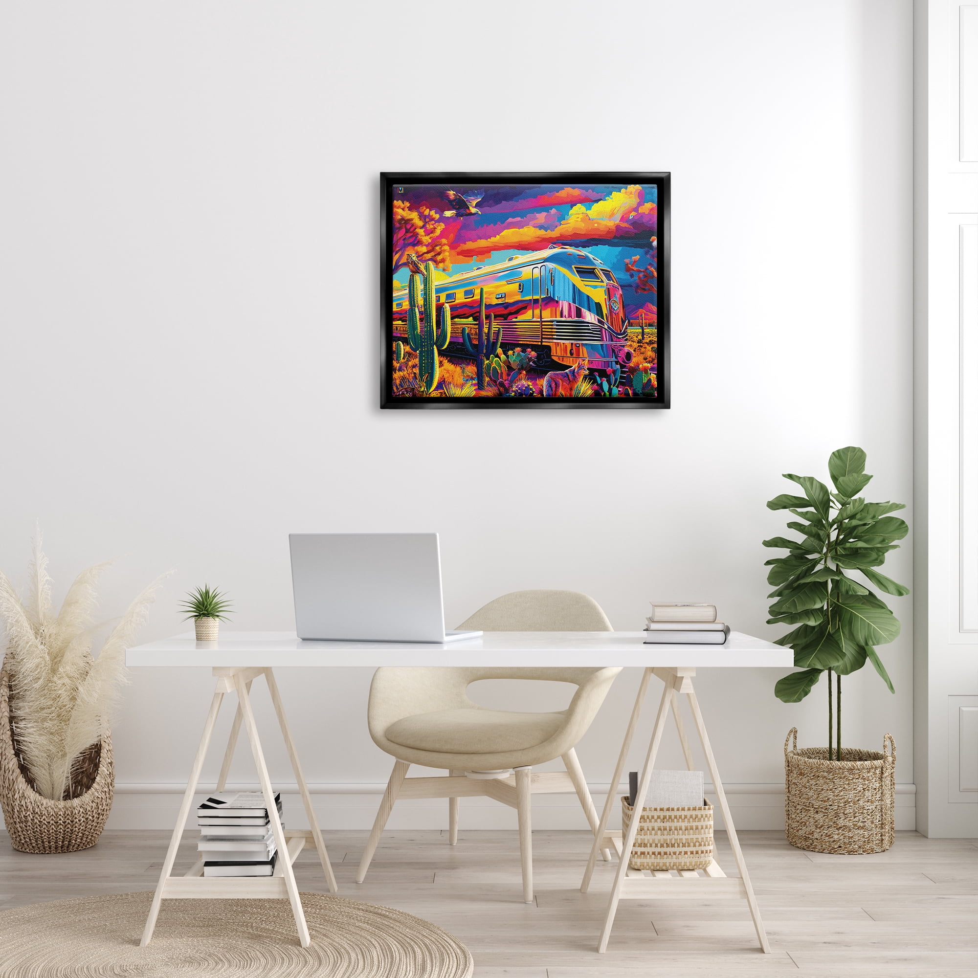 Stupell Industries Vivid Desert Train Scene Transportation Painting Black Floater Framed Art Print Wall Art, 31 x 25