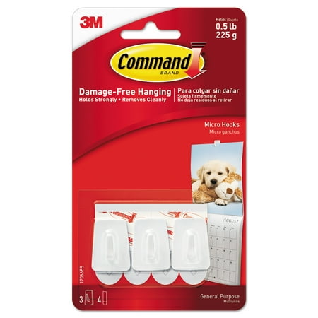 Command General Purpose Hooks, Plastic, White, 3 Hooks & 4 Strips/Pack