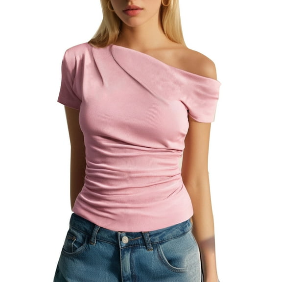 Tops for Women Trendy Off Shoulder Slim Fitted Shirts Summer Fashion Casual Solid Color Short Sleeve Blouses (S, Pink)
