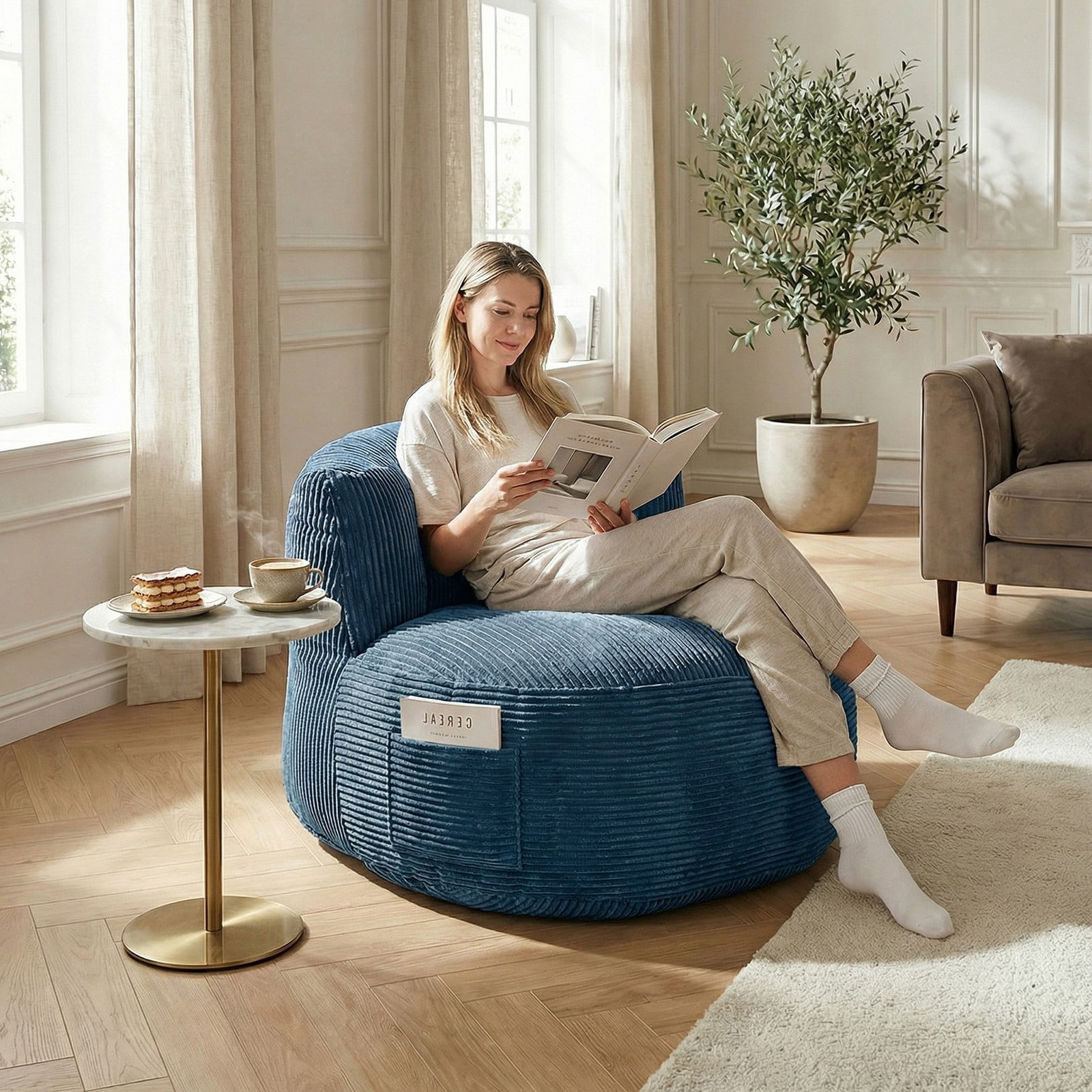 TOPCHANCES Large Bean Bag Chair for Adults, Crushed Foam Floor Chair with Storage Pocket & Carry Handle,  Indoor Lazy Lounger Sofa for Living Room Bedroom, Sea Blue