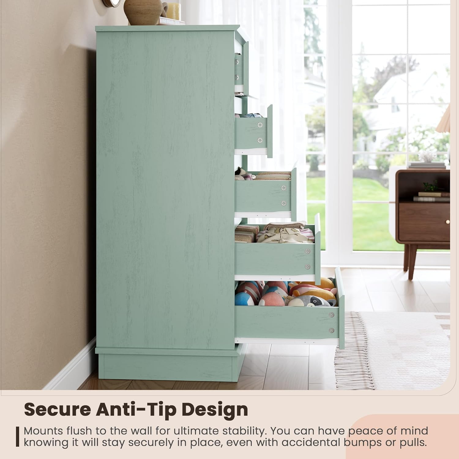 5 Drawer Dressers for Bedroom, Chest of Drawers with Deep Drawers, Large Double Dresser for Closet with Wide Top, Tall Wooden Dresser for Living Room, Hallway, Kids Room, Green