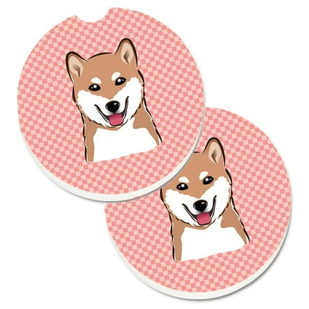 

Checkerboard Pink Shiba Inu Set of 2 Cup Holder Car Coaster
