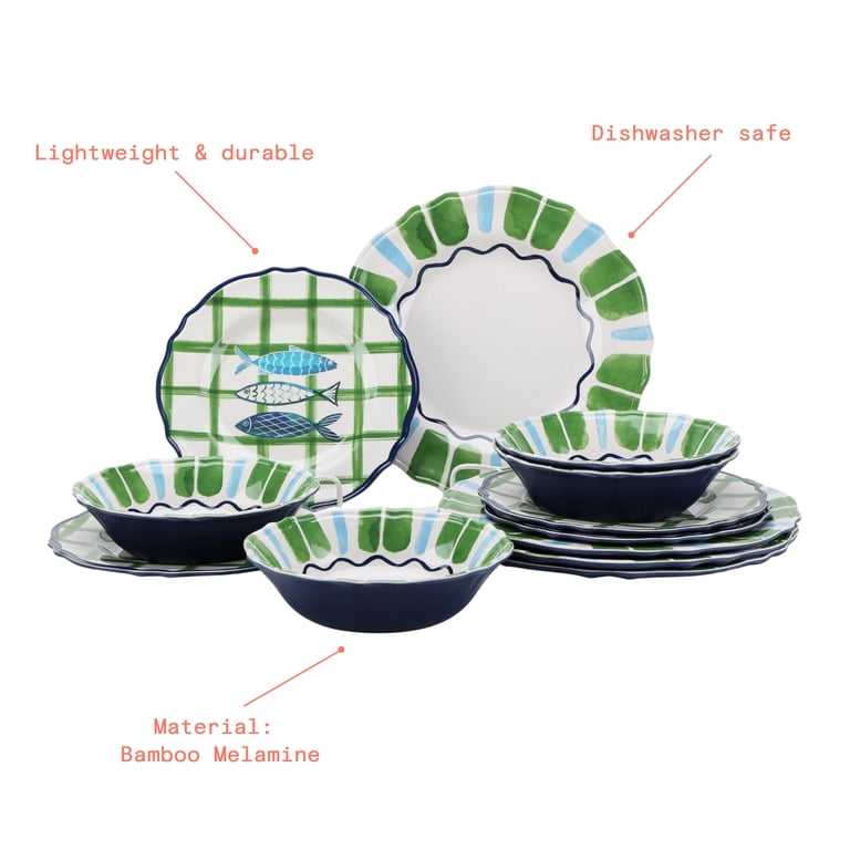 Beautiful 12-Piece Bamboo Melamine Dinnerware Set, Multi-Color by