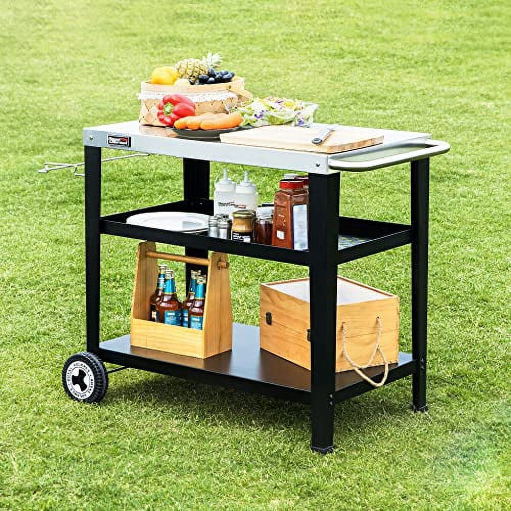 Movable 3-Shelf Grill Cart with Wheels, 33.5" L x 20" W Stainless Steel Tabletop, Multifunctional Dining Table for Pizza Oven, Food Prep, Outdoor Garden BBQ Trolley, PC-AMZ-3404S,