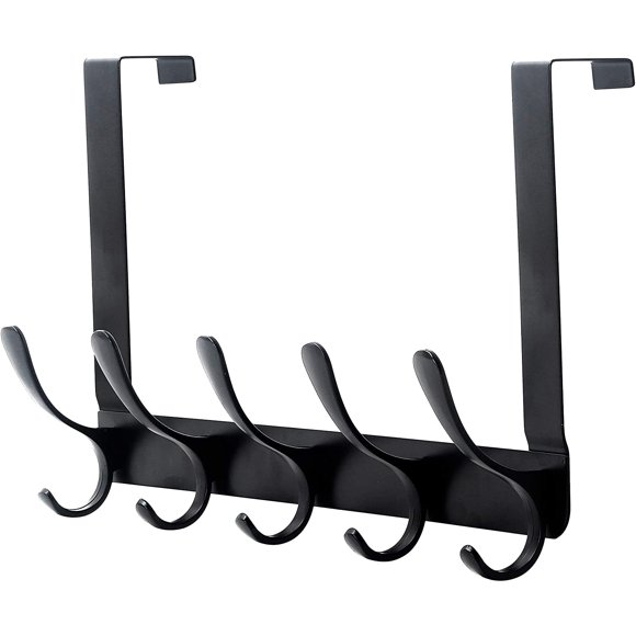 Over The Door Rack, 5 Door Hanger Hooks for Clothes Towels Coat, Over The Door Coat Rack (Black)