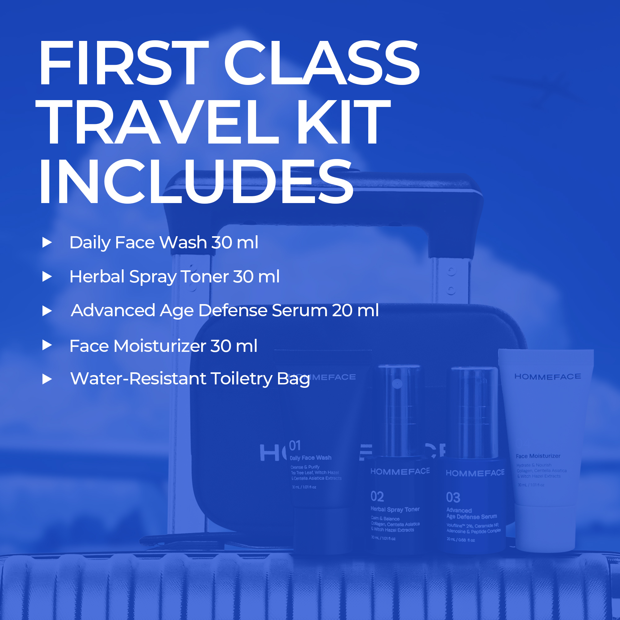 HOMMEFACE Men's First Class Skincare Essentials Travel Kit, 4 Skincare Products with Toiletry Bag, TSA Approved, 5 Piece Set