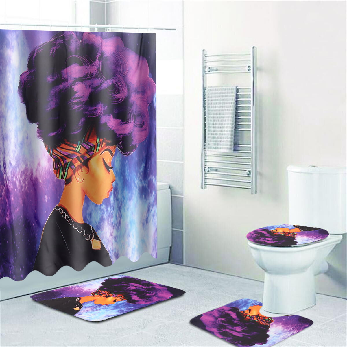 Afro African American Black Girl with Purple Fabric Shower Curtain Set Bathroom 