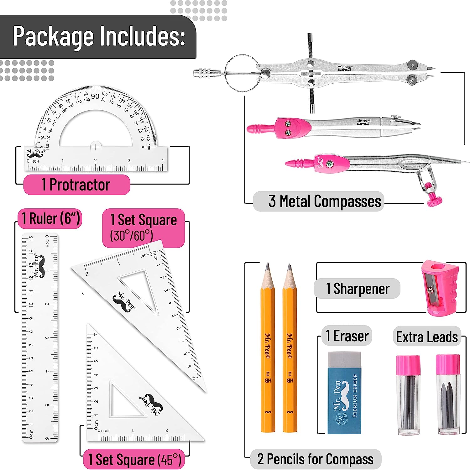 Mr. Pen Geometry Set with Compass, Rulers, Protractor photo 3
