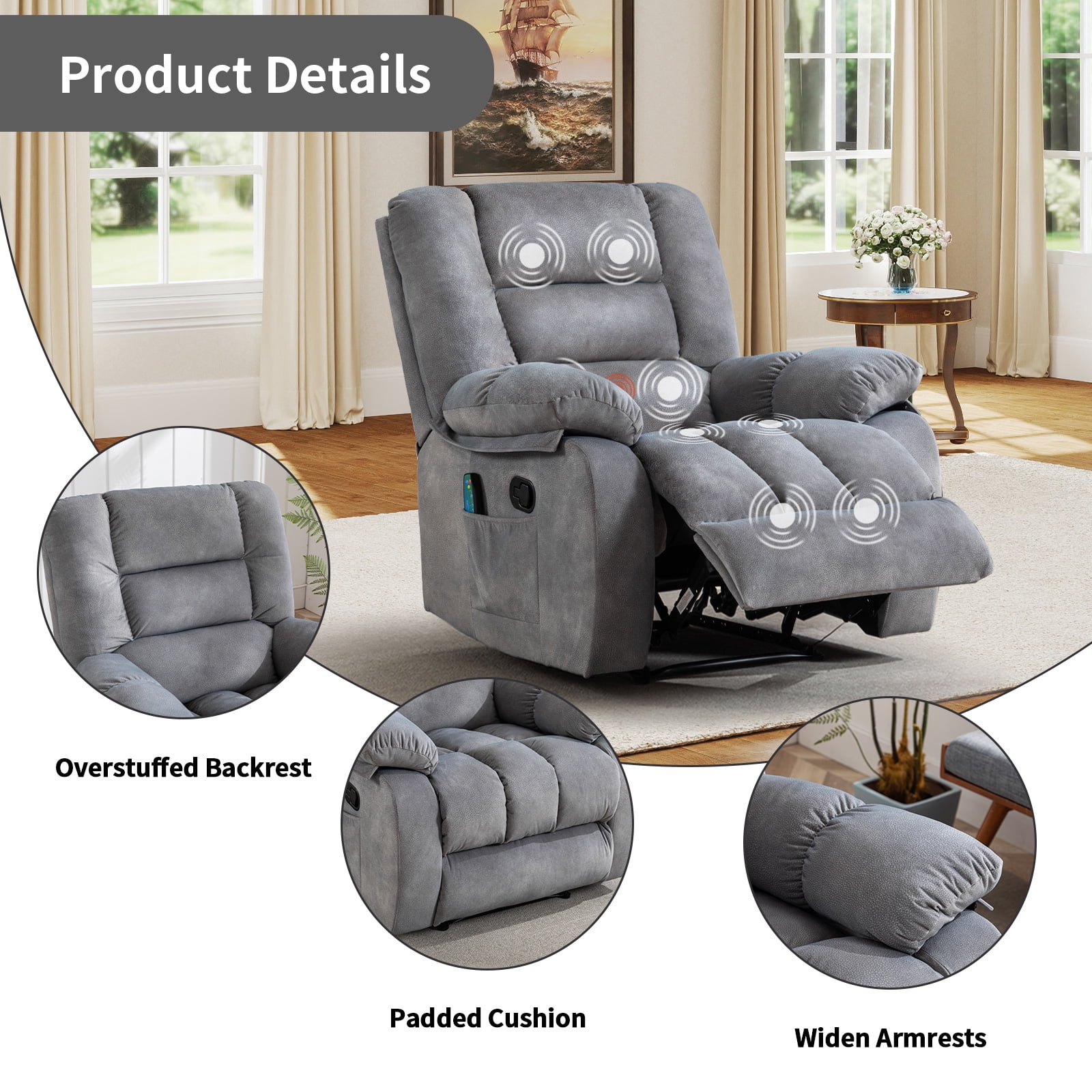 Bonzy Home Manual Recliner Chair with Massage and Heat Overstuffed Fabric Metal frame Manual Reclining Chair Sofa for Living Room